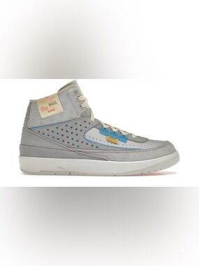 Air Jordan 2 Retro SP Light Grey Tennis Shoes with Blue Accents. 7.5 M 9 W